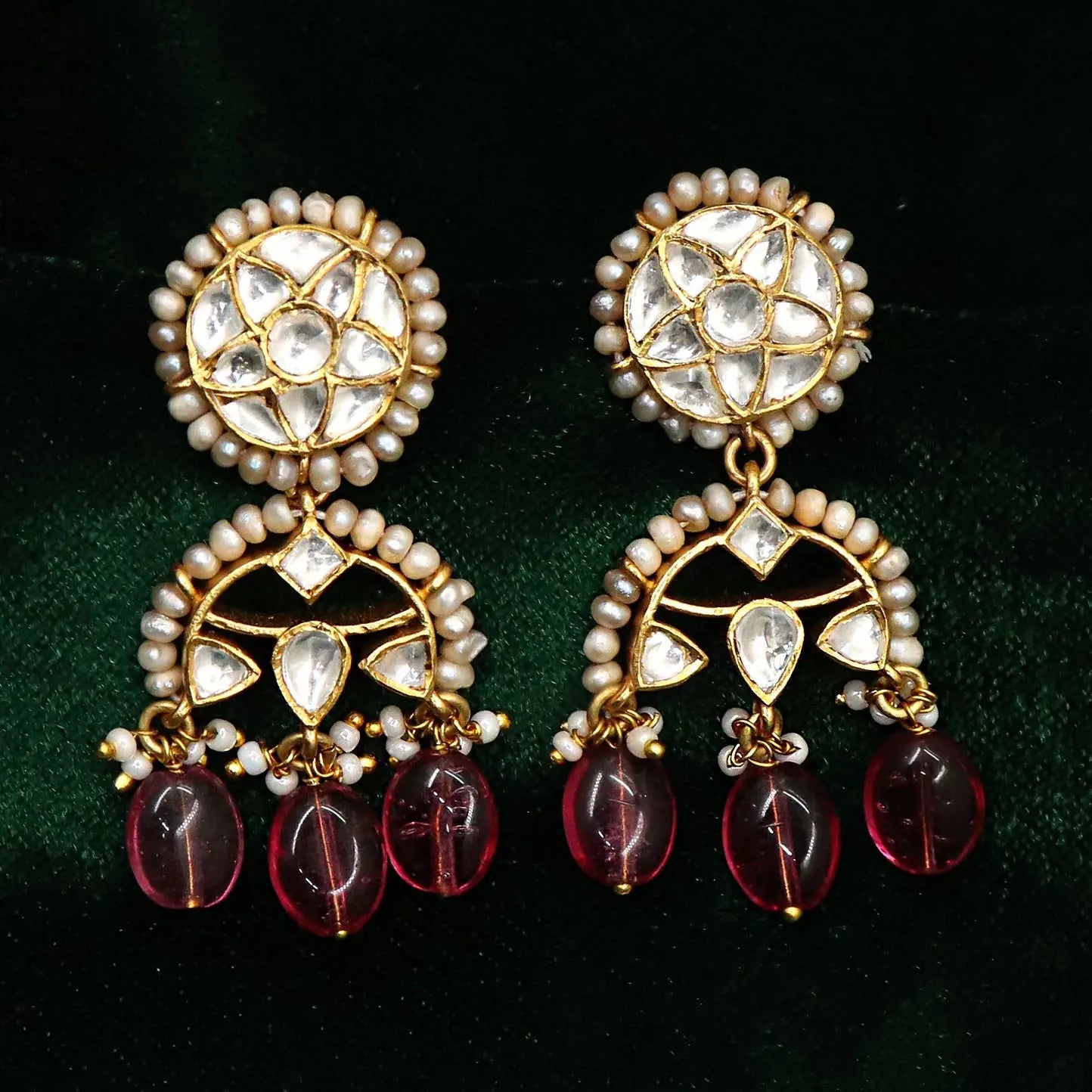 Semi Precious Gemstone with Pearl and Moissanite Gold Plated Earring Jewelry