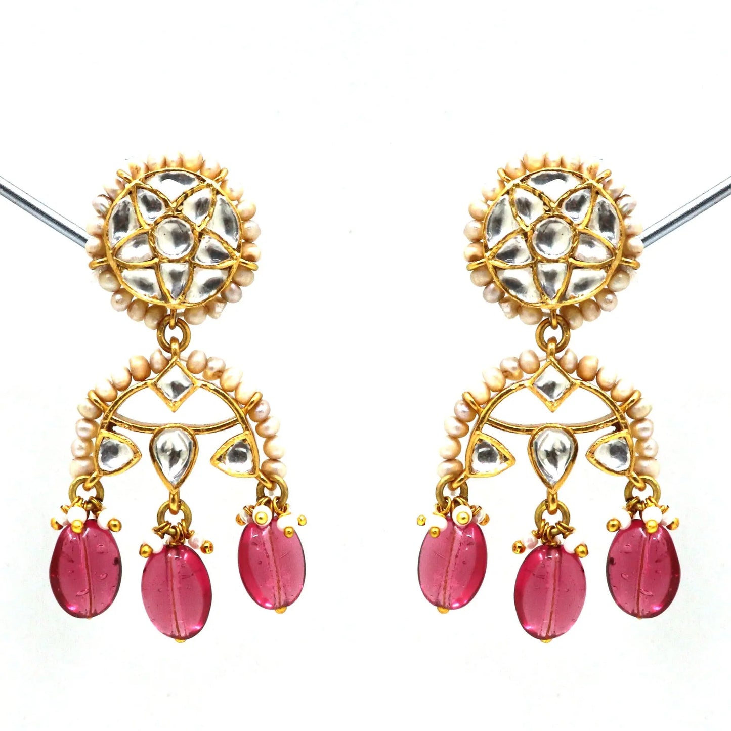 Semi Precious Gemstone with Pearl and Moissanite Gold Plated Earring Jewelry