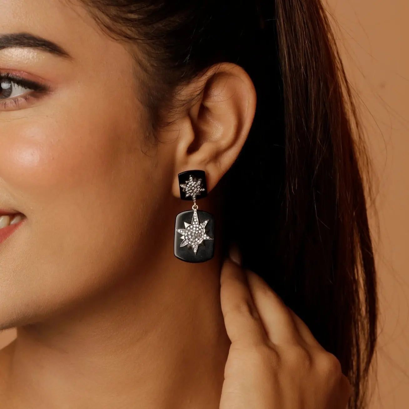 Silver Saanjh Black Onyx with CZ Suds Earrings Jewelry