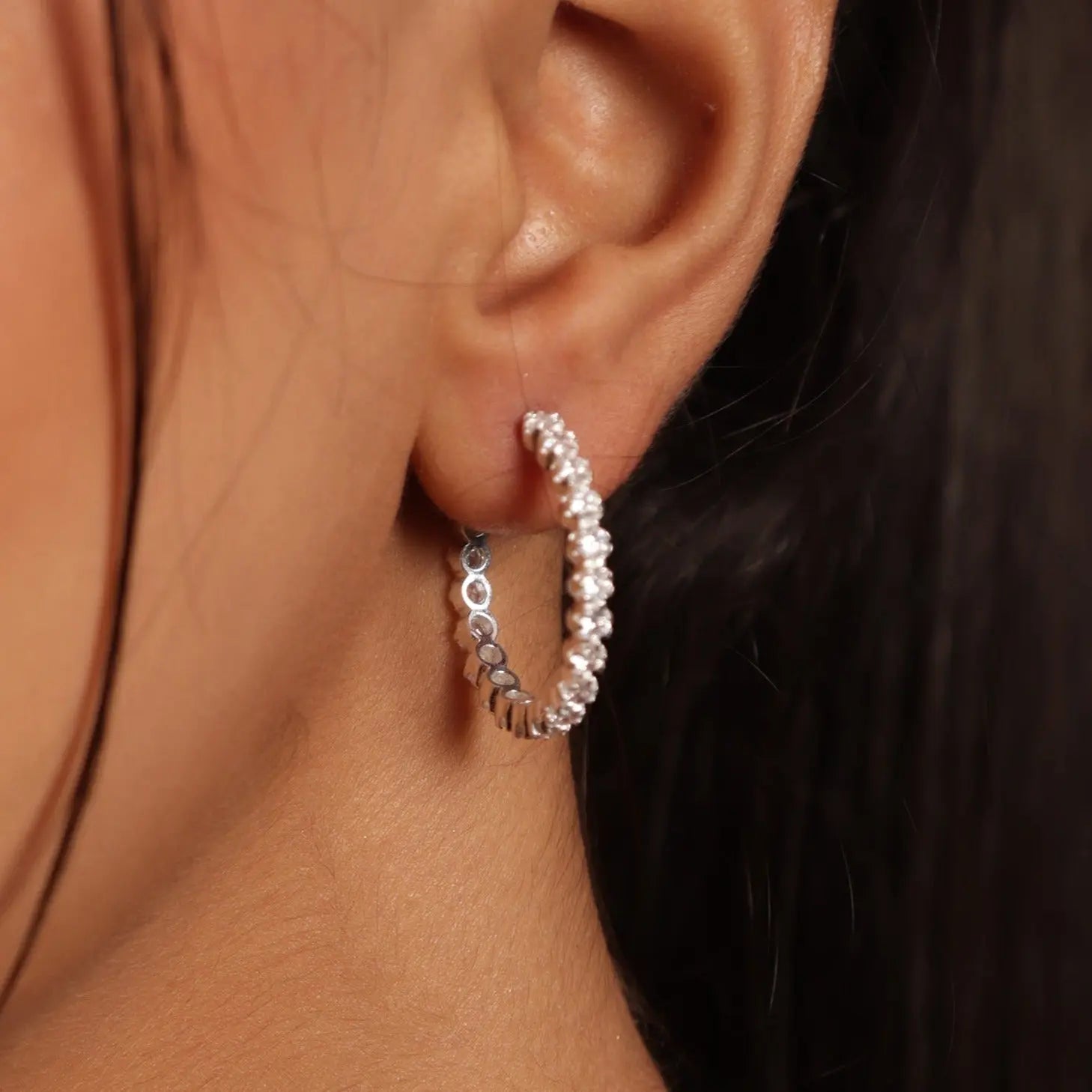 Small Baguette CZ Silver In Out Hoop Earring Jewelry