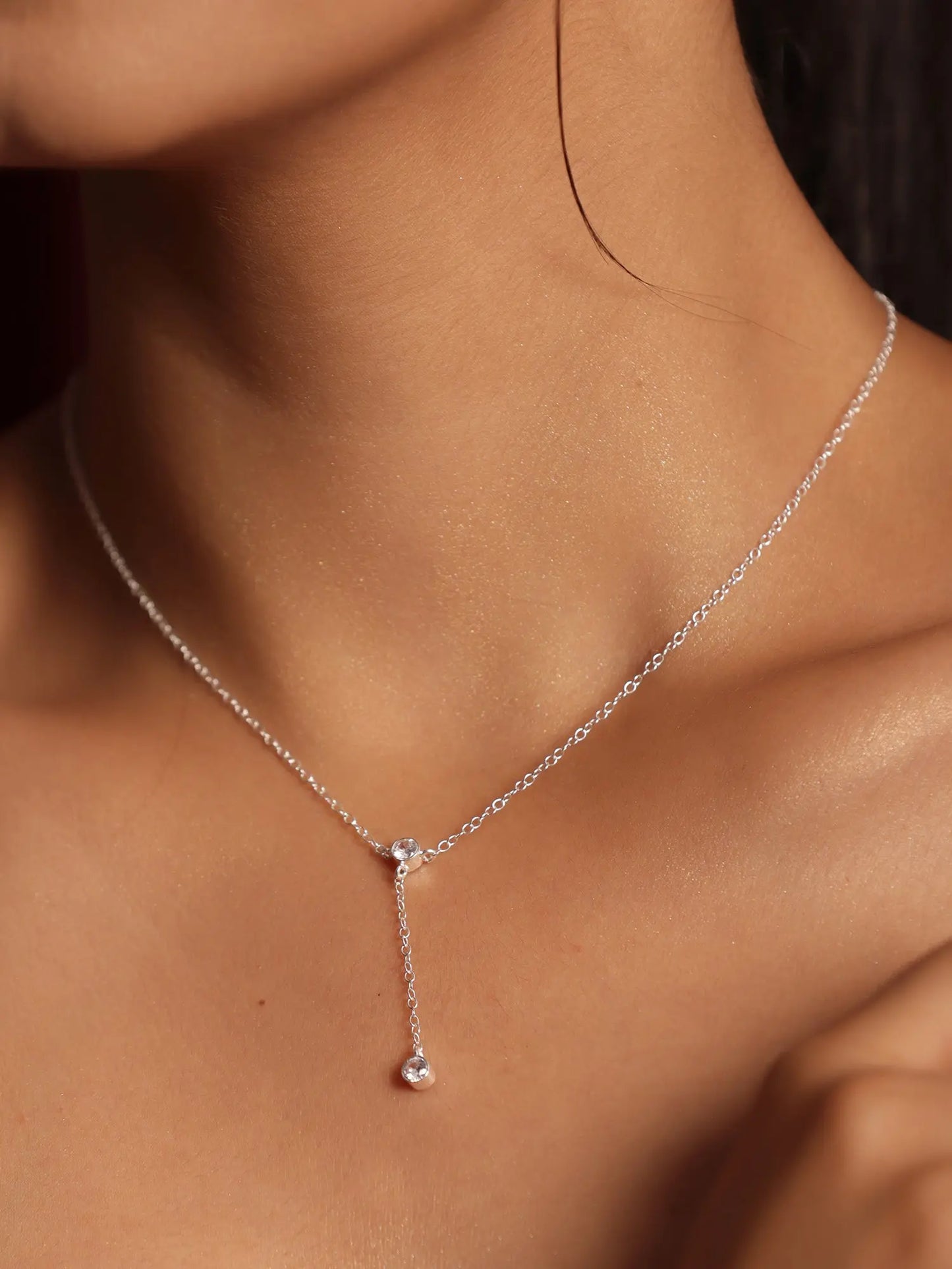 Sterling Silver CZ Charm Minimalist Lariat Necklace