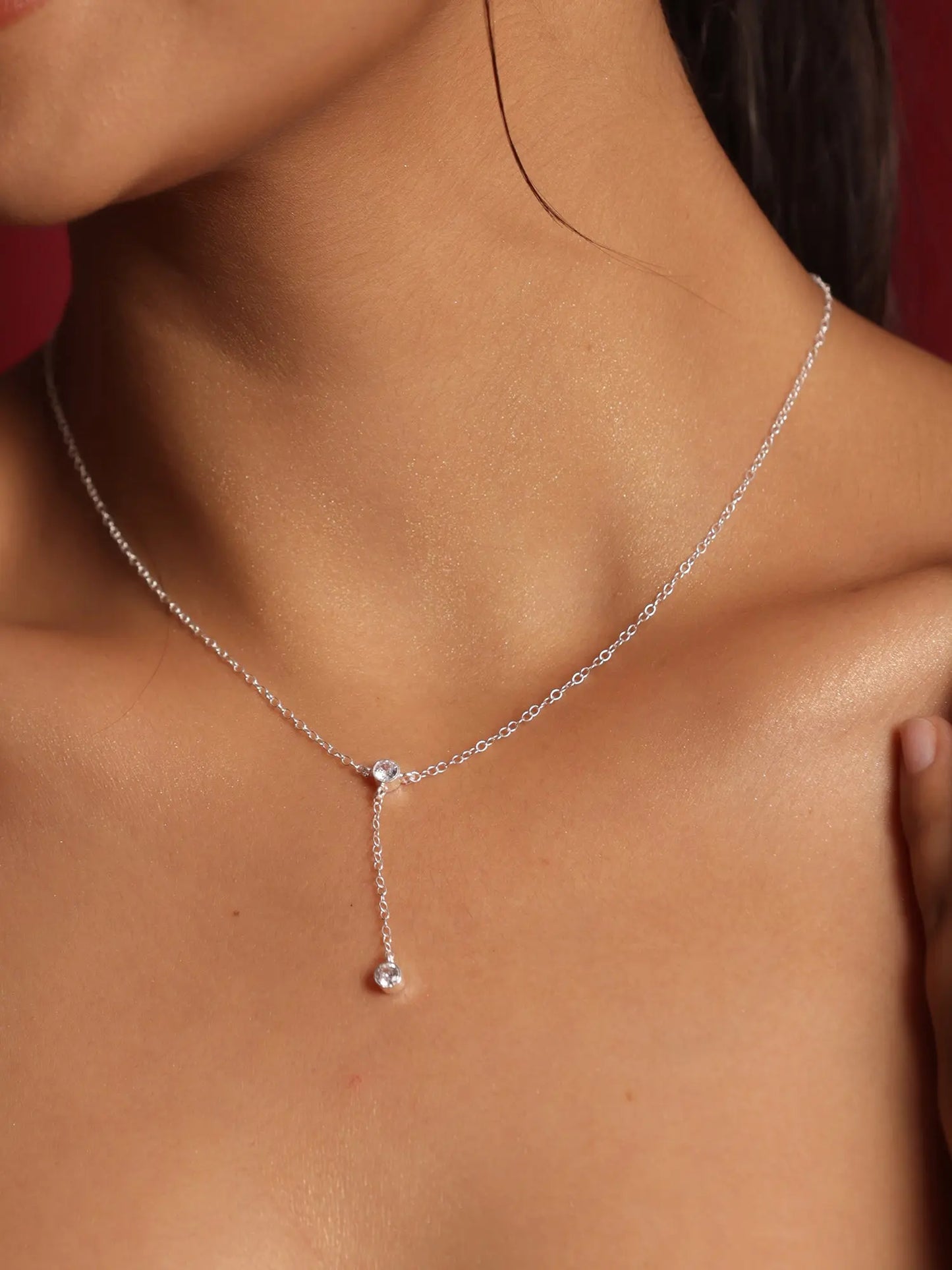 Sterling Silver CZ Charm Minimalist Lariat Necklace