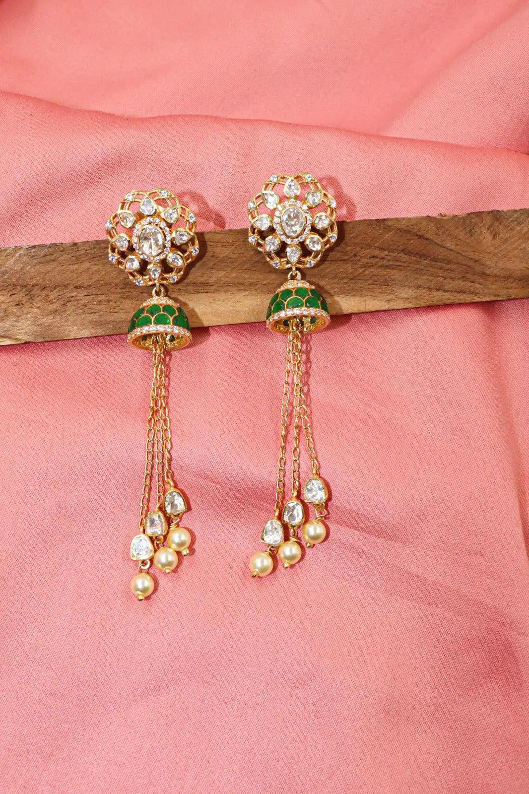 Stylish Gold-Plated Long Earrings with Pearl And Moissanite Gemstone Earring Jewlery