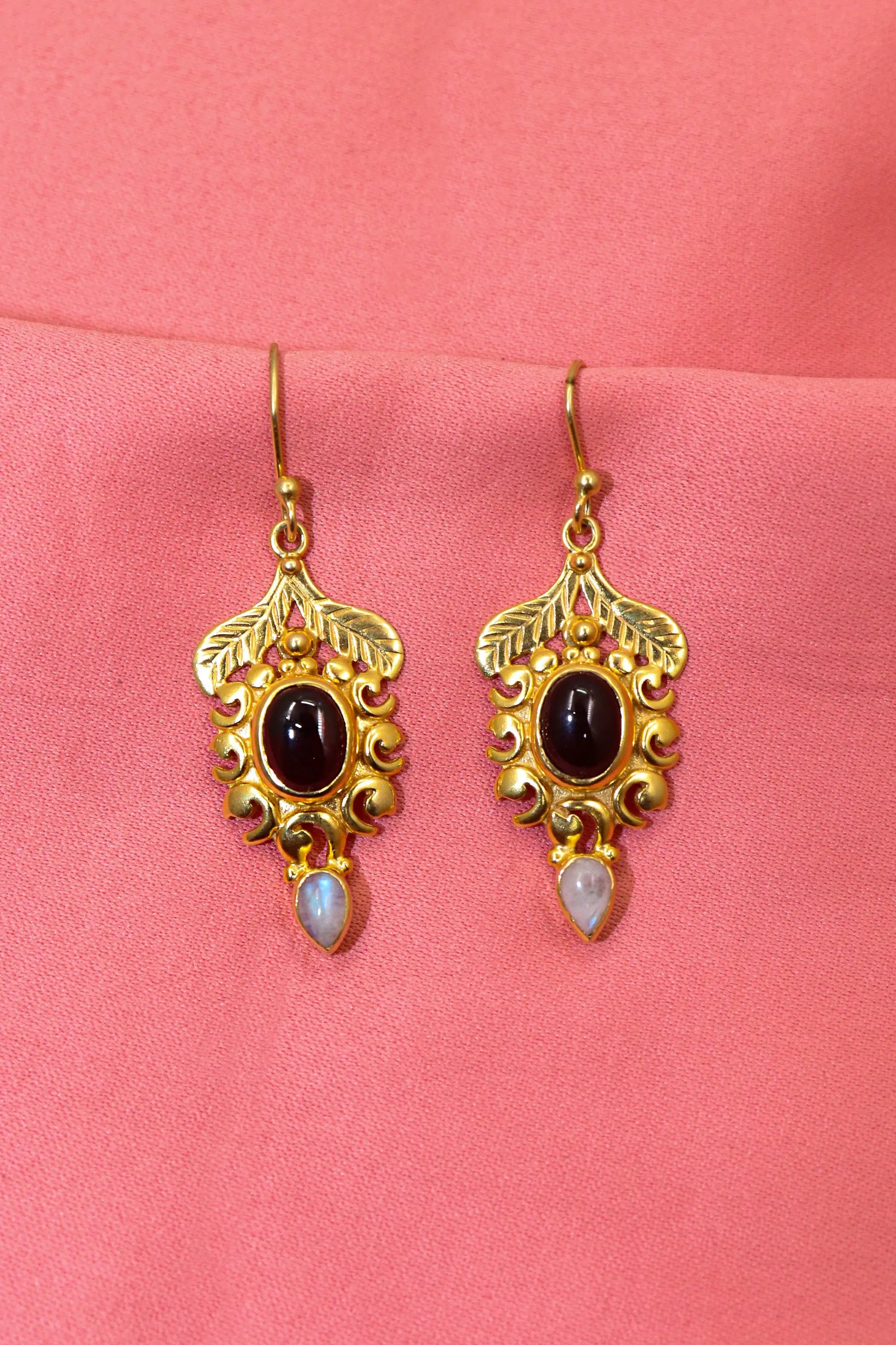 Trending Now Gold Plated Earrings with Moonstone, Garnet Gemstones Earring