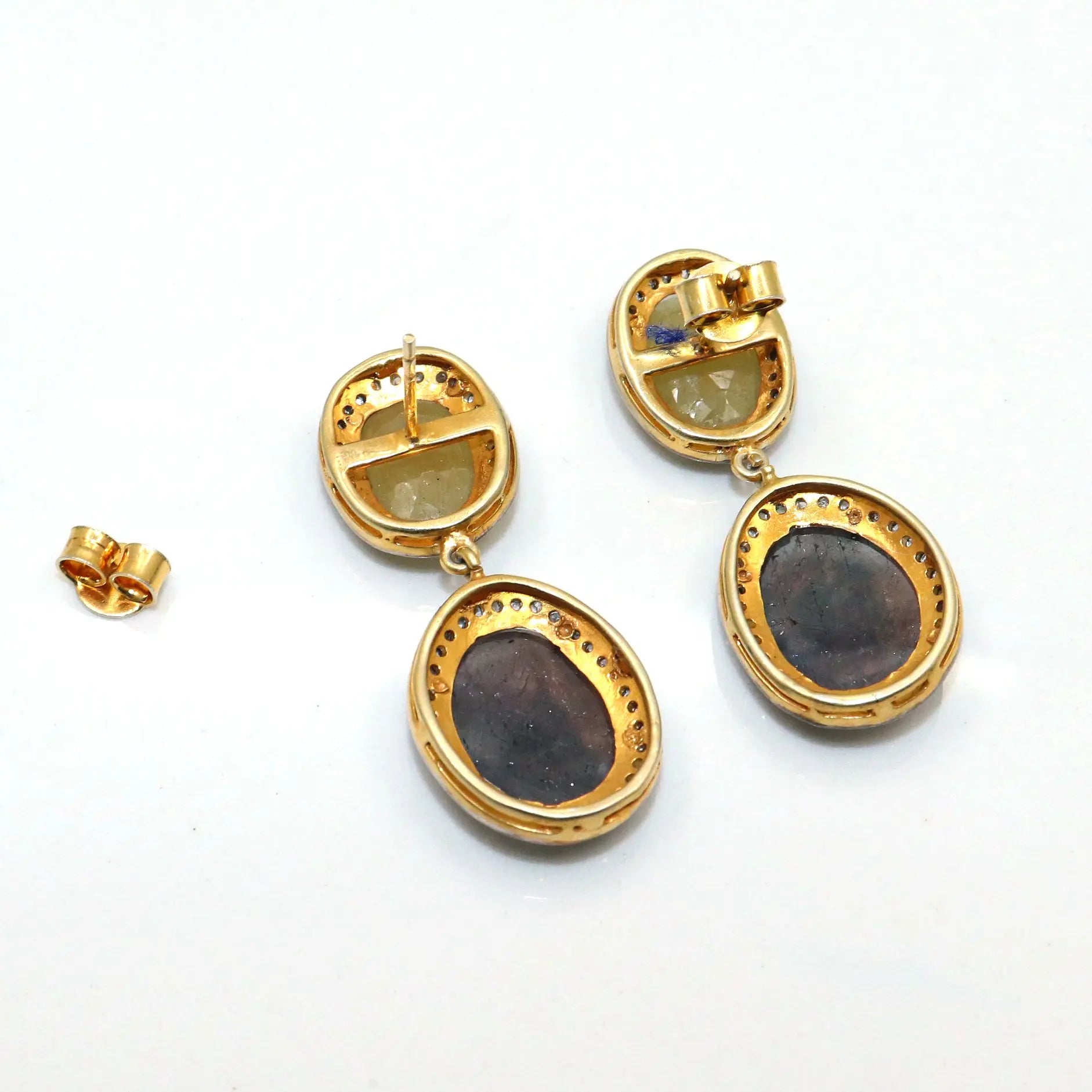 Two Tone Plated Multi Sapphire Gemstone With Diamonds Stud Earring Jewelry VJewels