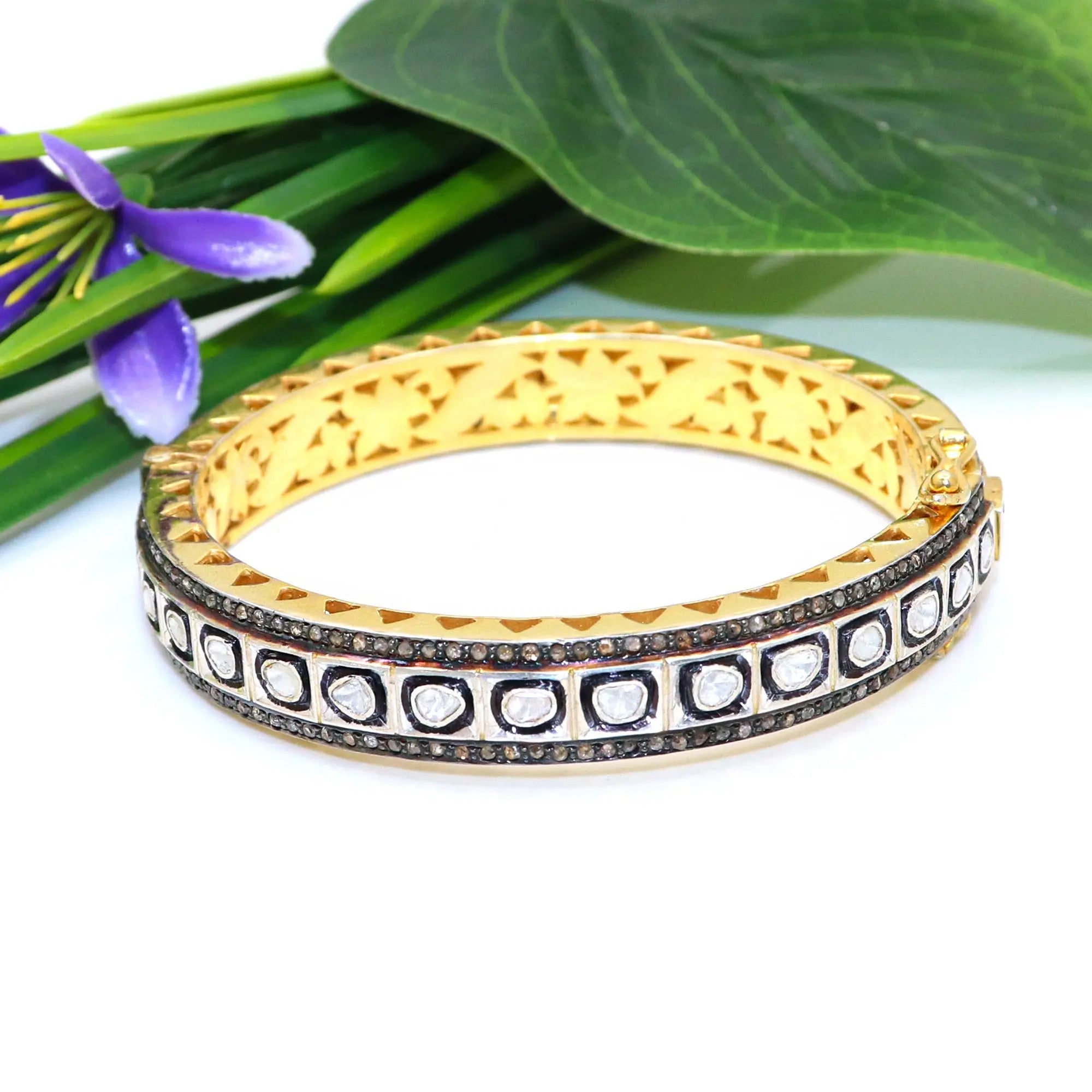 Two Tone Plated Uncut Diamond Polki And Diamond  Bangle Jewelry