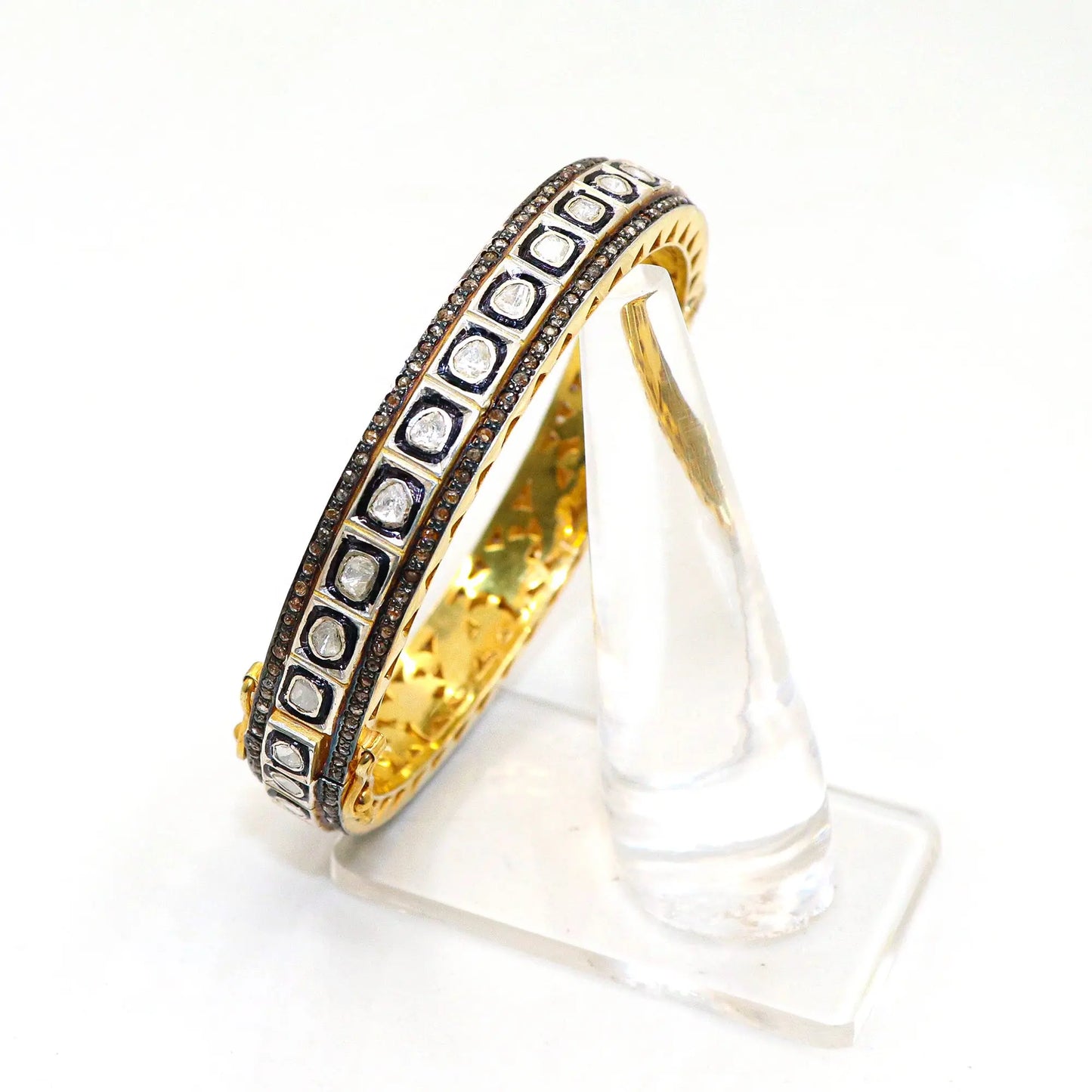 Two Tone Plated Uncut Diamond Polki And Diamond  Bangle Jewelry