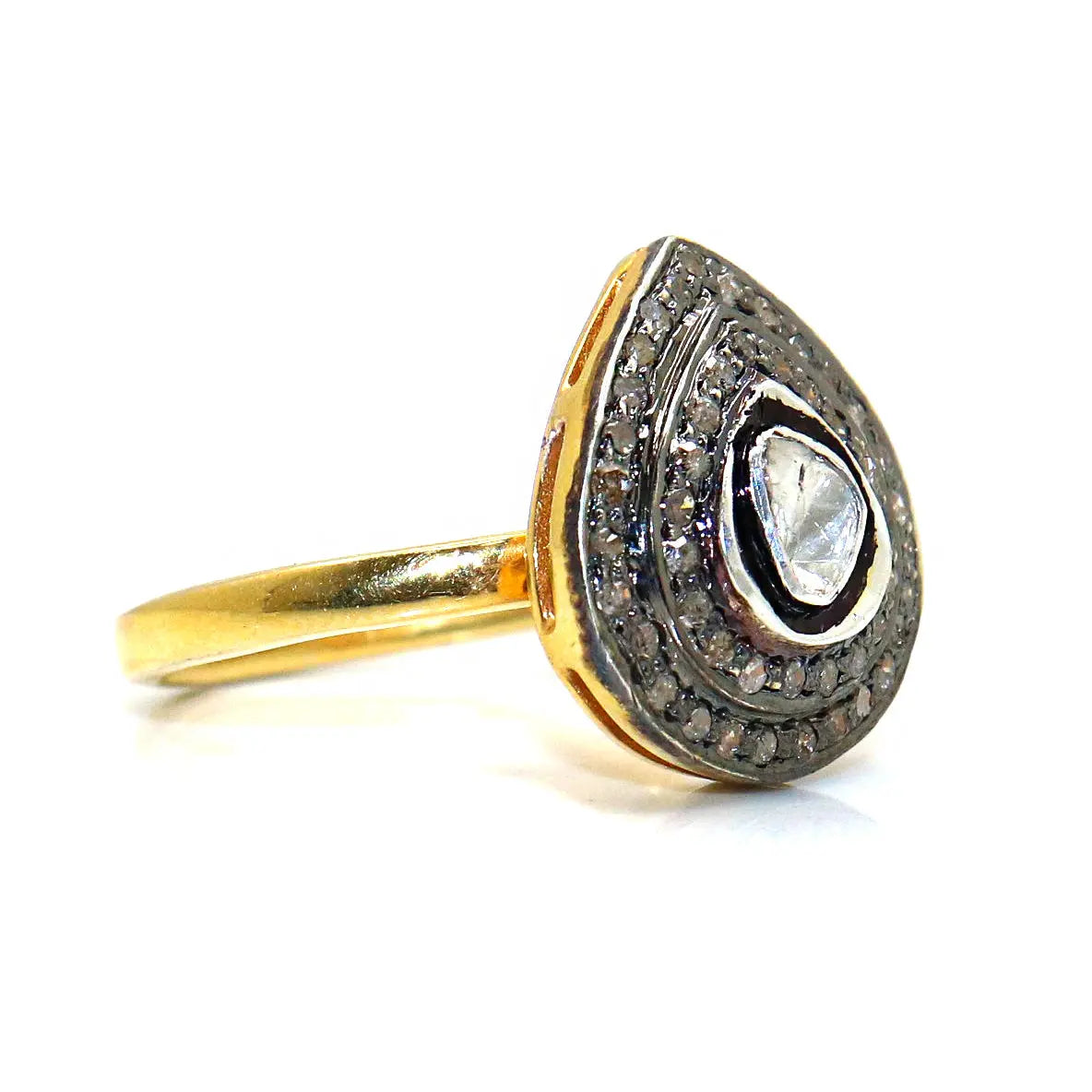 Uncut Diamond Polki with Diamond Vintage Era Two Tone Ring Jewelry VJewels