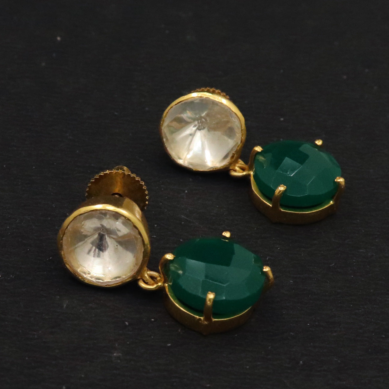 Green Onyx and Moissanite Gemstone Gold Plated Stud Earring