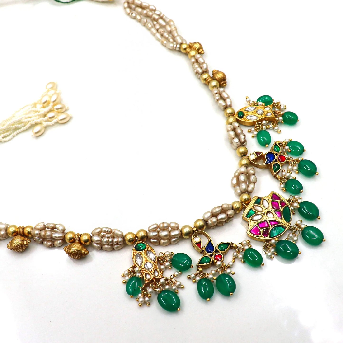 Gold Plated Moissanite, Green Onyx, Pearl, Enamel Traditional Necklace Jewelry VJewels