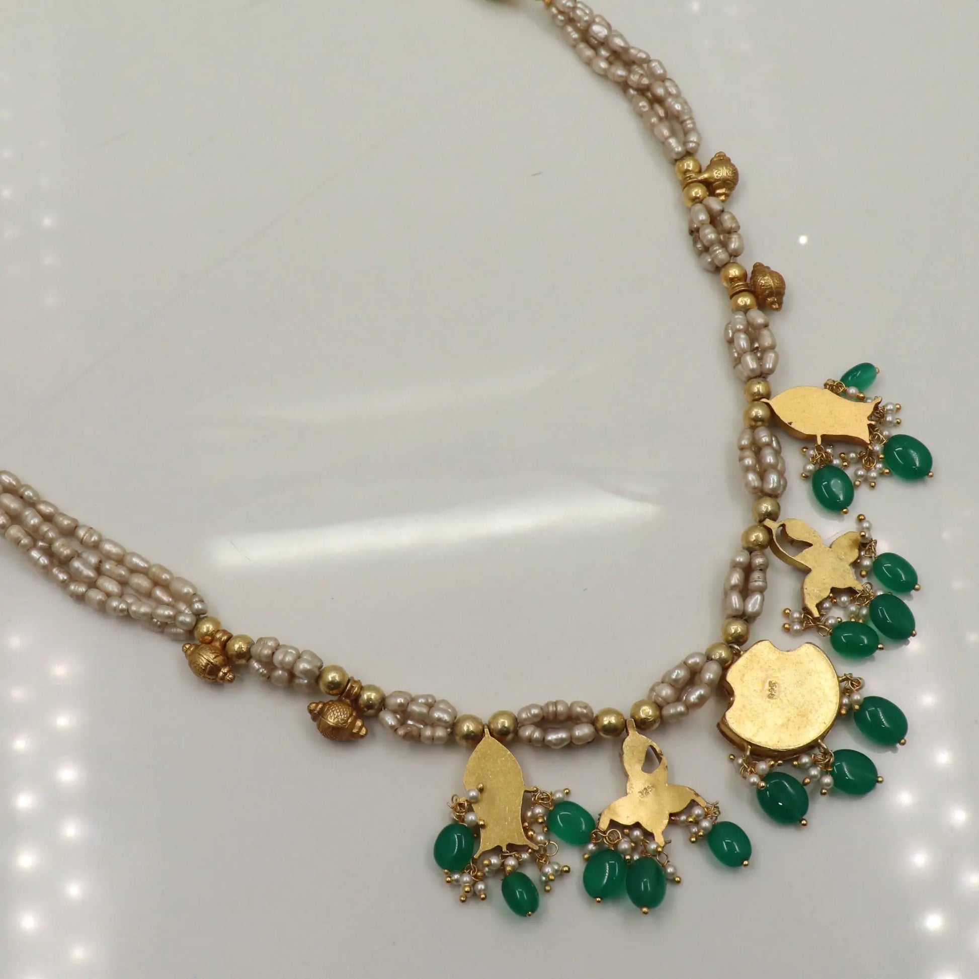 Gold Plated Moissanite, Green Onyx, Pearl, Enamel Traditional Necklace Jewelry VJewels