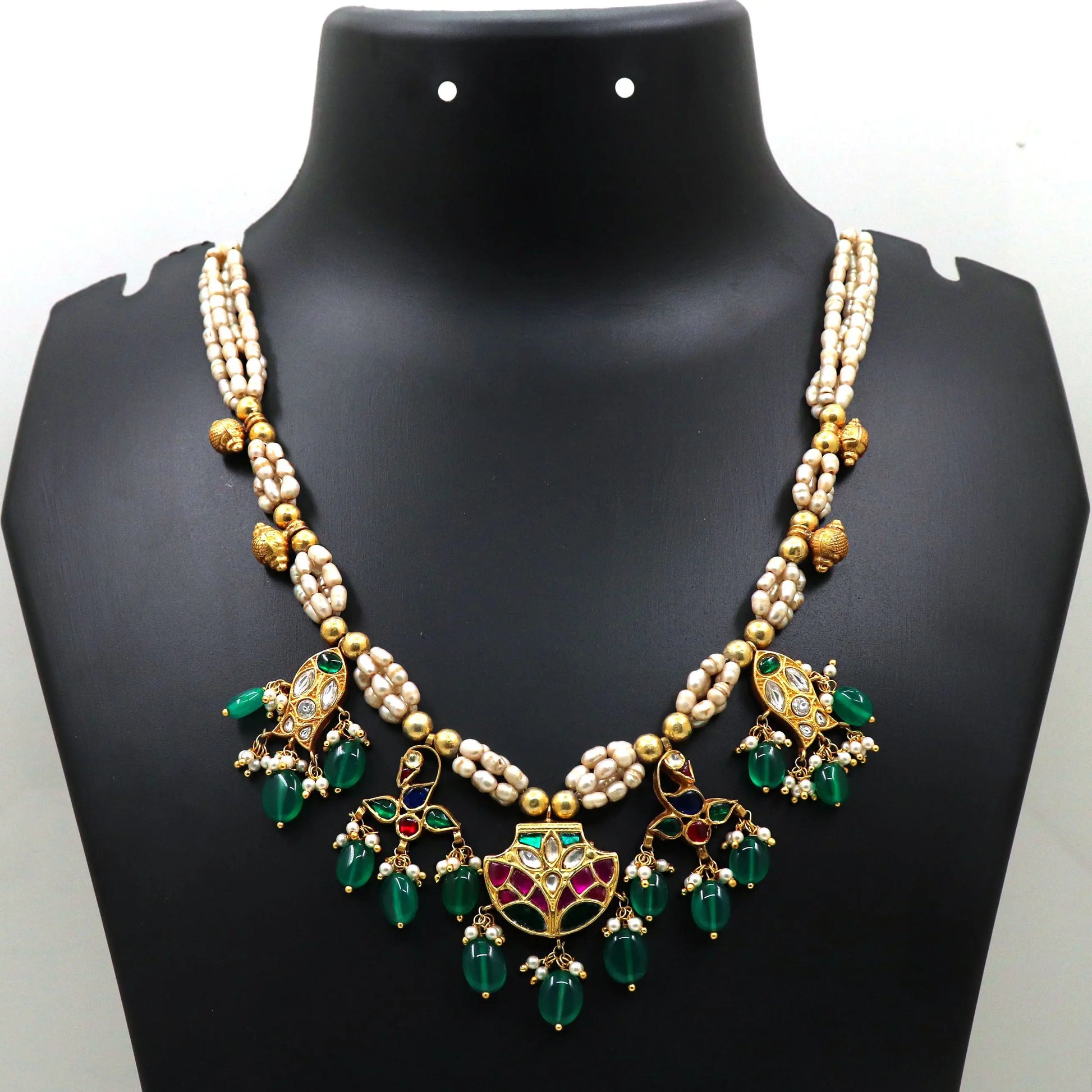 Gold Plated Moissanite, Green Onyx, Pearl, Enamel Traditional Necklace Jewelry VJewels