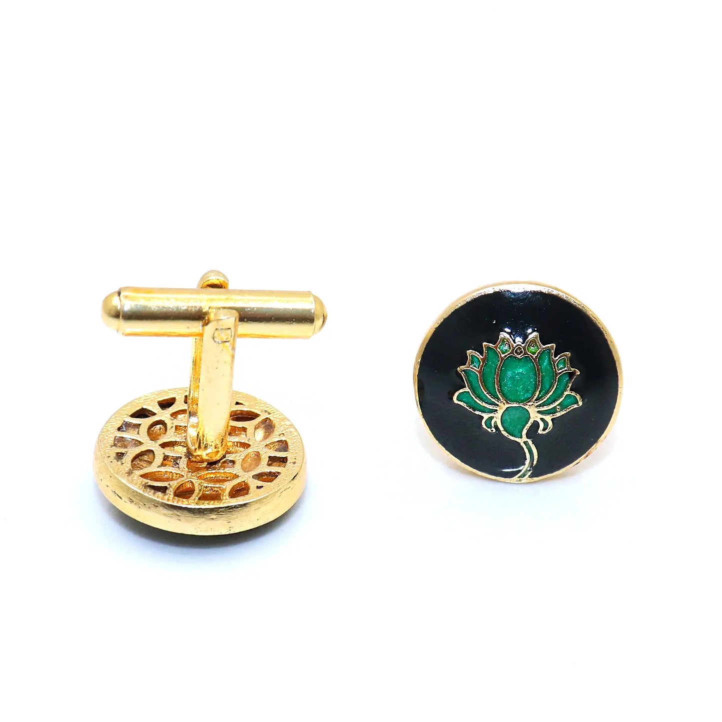 Gold Plated Enamel Lotus Design Cufflinks Jewelry VJewels