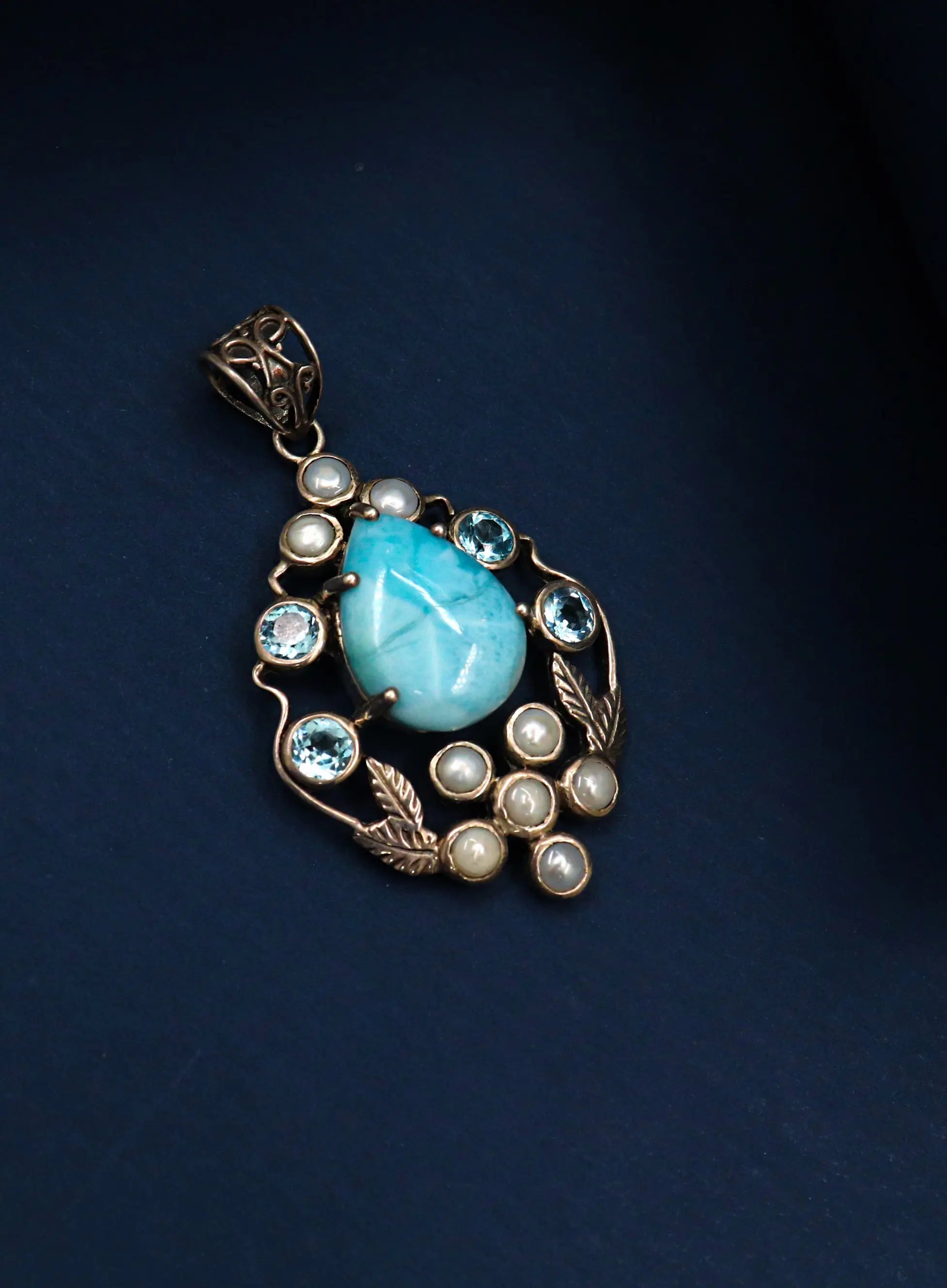 Eye Catchy Turquoise Pearl And Blue Topaz Gemstones Pendant Jewelry - VJewels