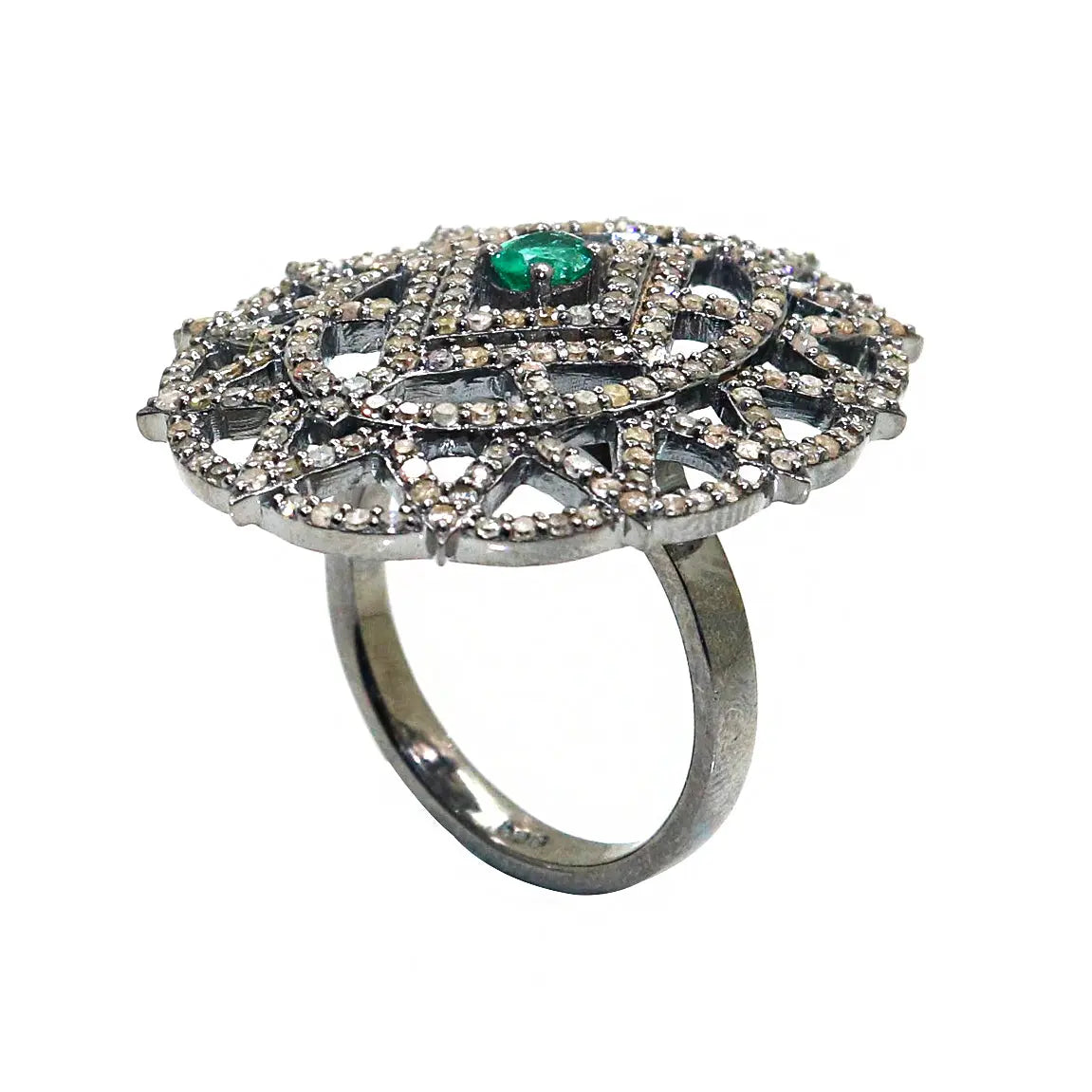 Victorian Era Semi Precious Emerald Gemstone And Diamonds Ring Jewelry VJewels