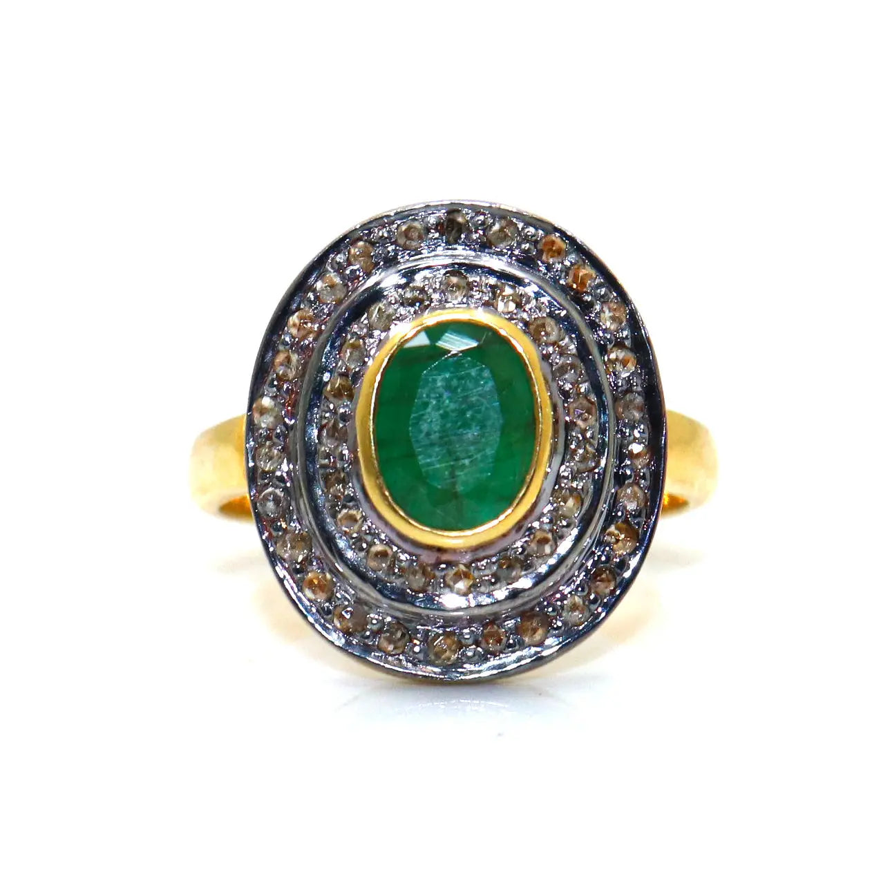 Vintage Era Emerald Gemstone With Diamond Two Tone Ring Jewelry