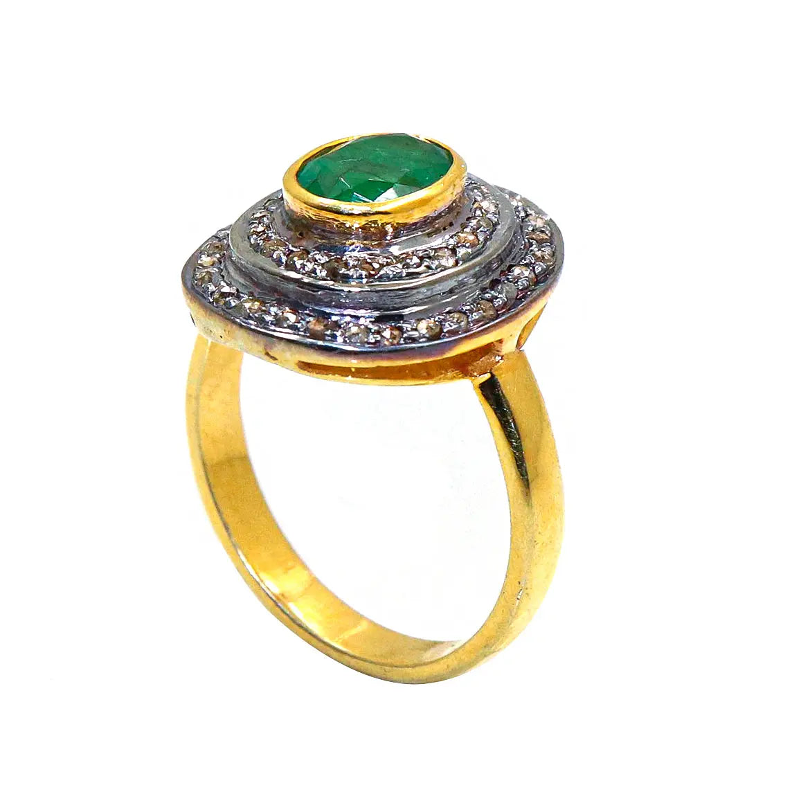 Vintage Era Emerald Gemstone With Diamond Two Tone Ring Jewelry